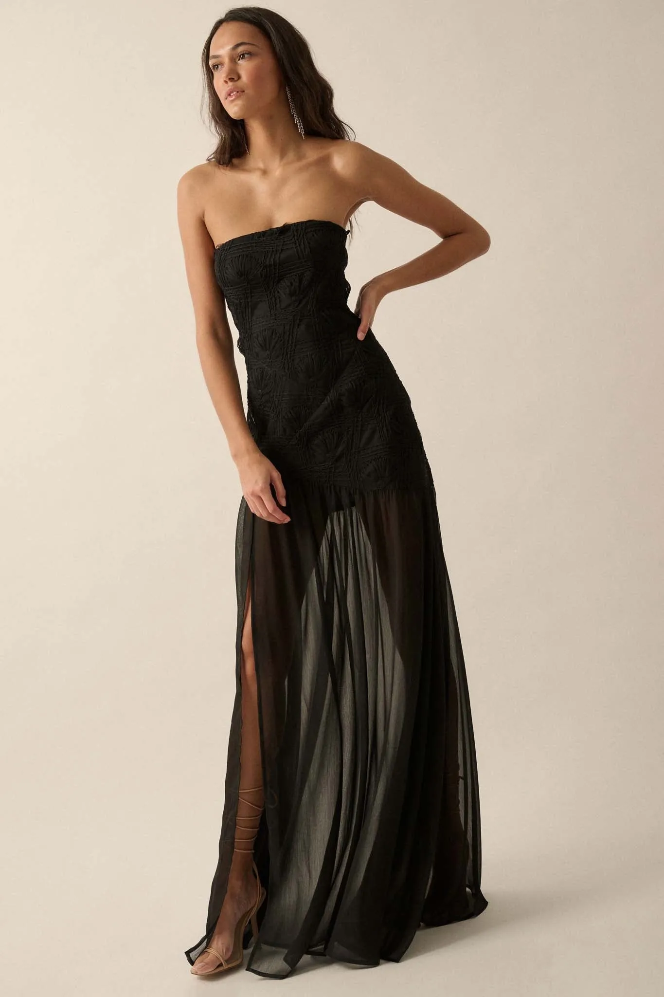 Sheer Fantasy Ribbon Lace Strapless Maxi Dress