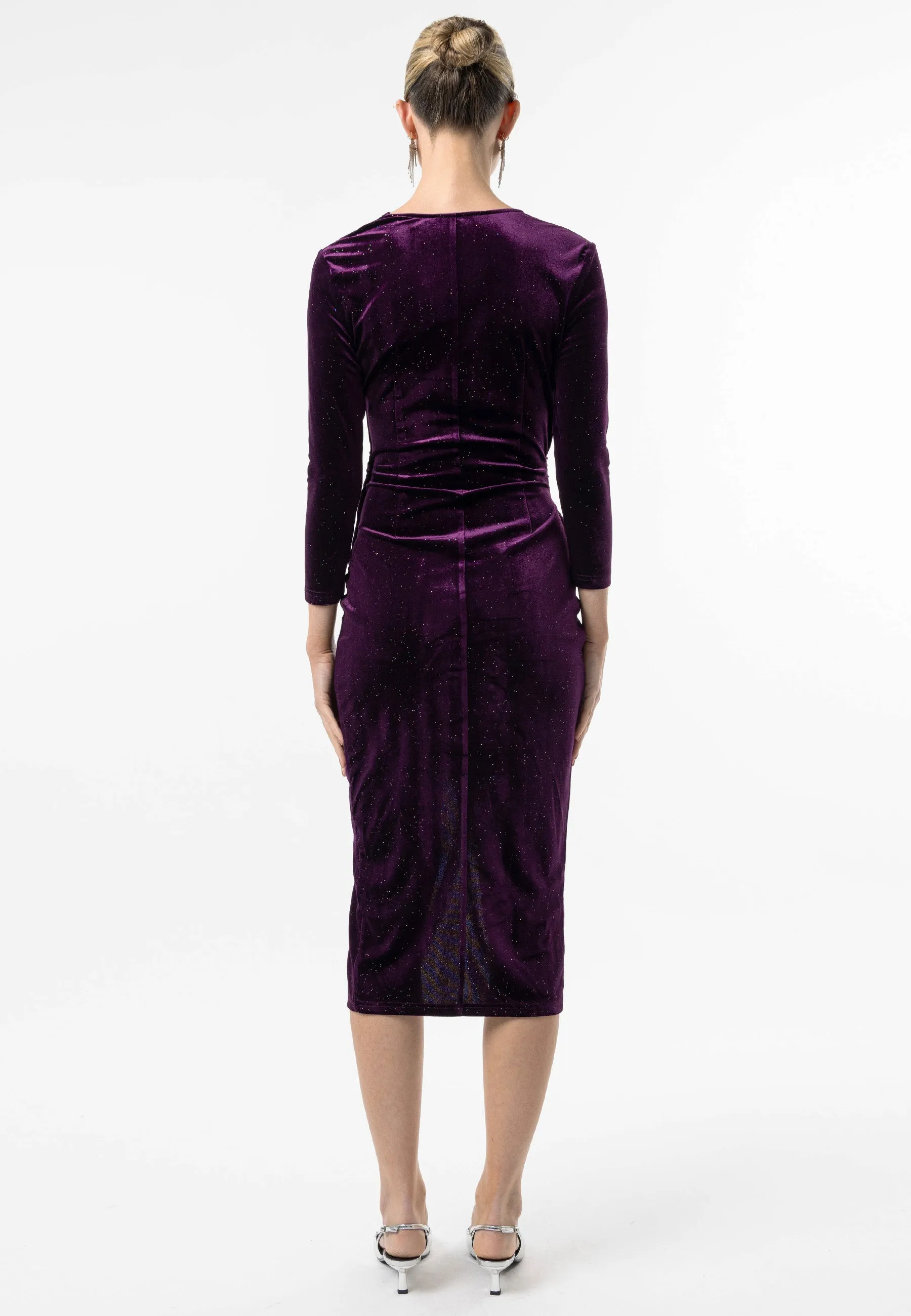 Shimmer Velvet 3/4 Sleeve Midi Wrap Dress in Purple