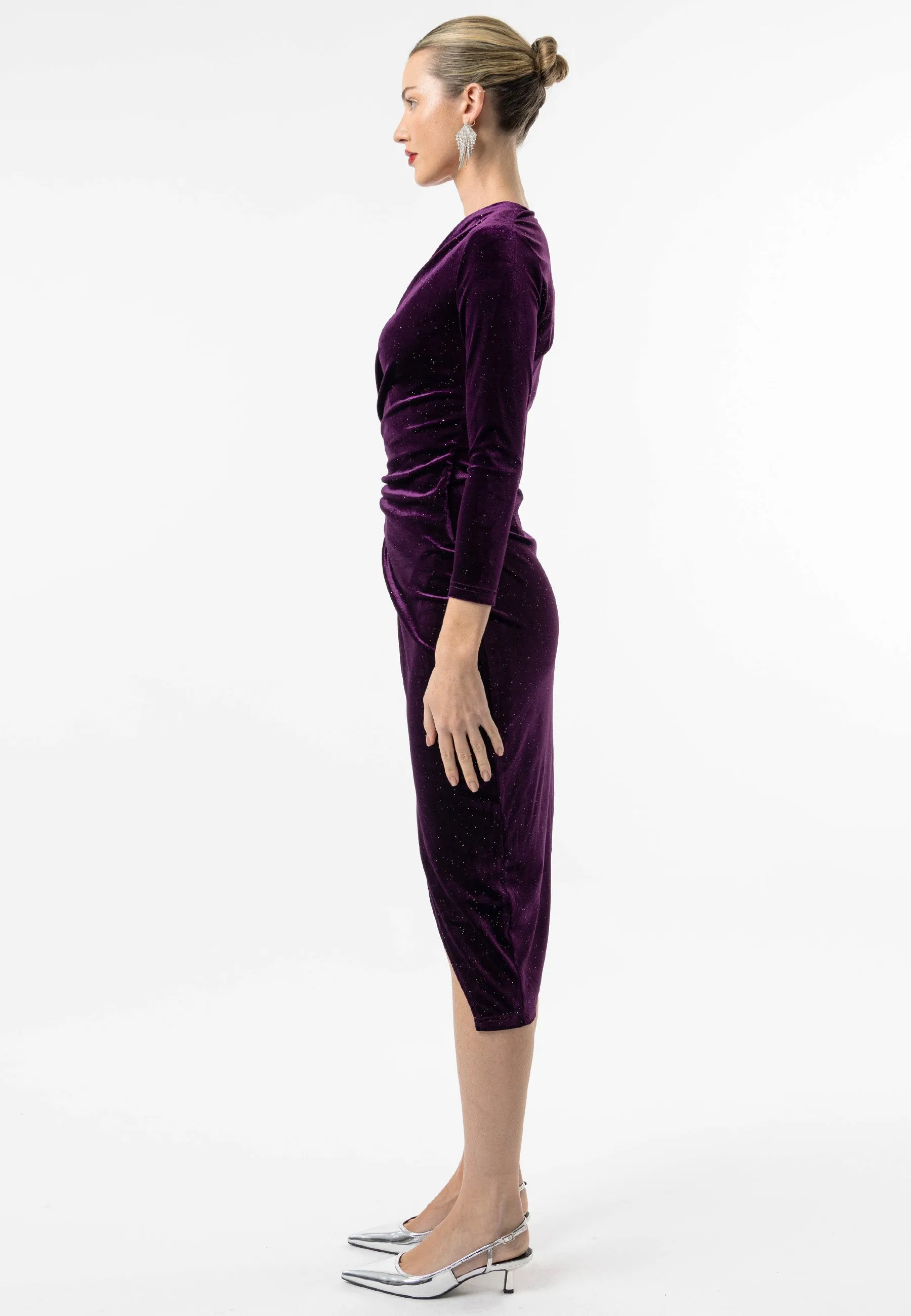 Shimmer Velvet 3/4 Sleeve Midi Wrap Dress in Purple