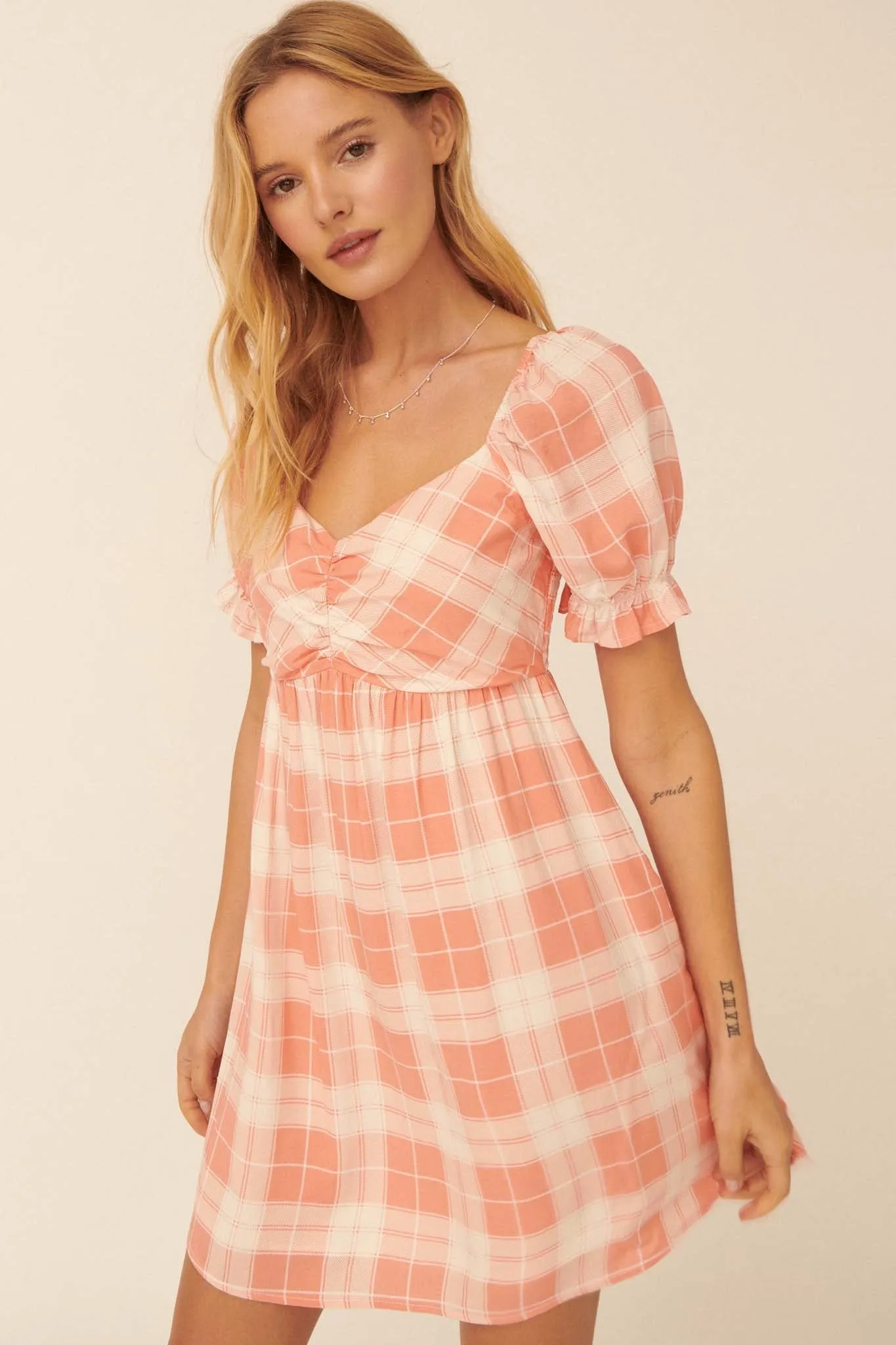 Shine On Plaid Puff-Sleeve Babydoll Mini Dress