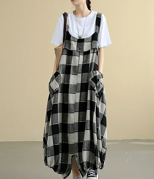 Sleeveless Strap Plaid Summer Linen Sprng Women Dresses QJ050878