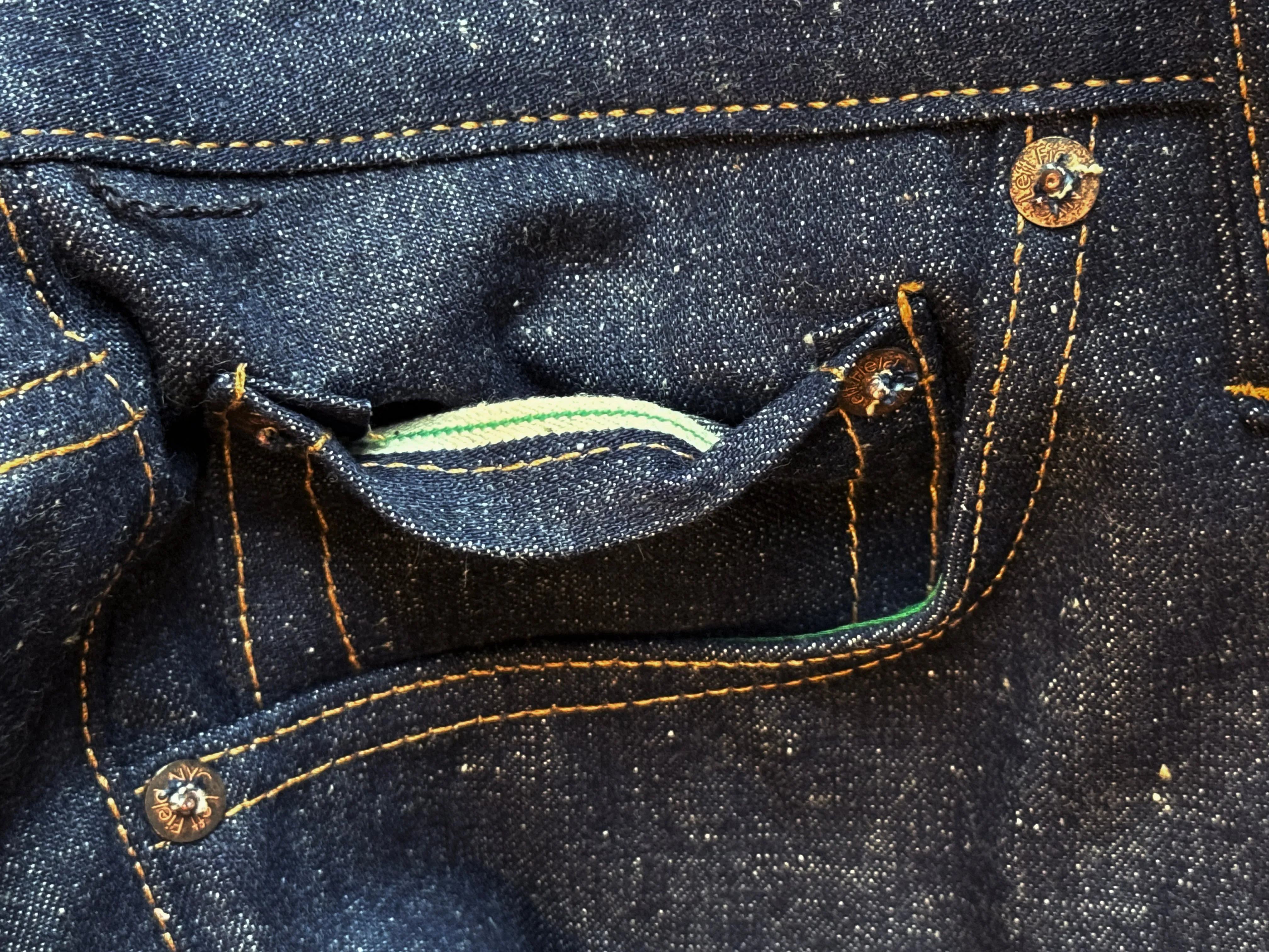 Smokestack Japanese "Jelt" nep denim with custom green selvedge