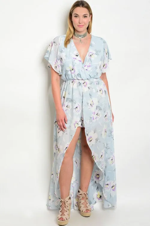 Soft Blue Floral Plus Size High Low Romper with Train