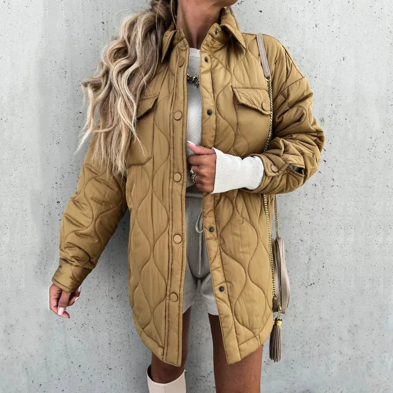 Solid Pocket Cotton Coats Woman Jackets 2024 New Loose Buttoned Thick Parkas Coat