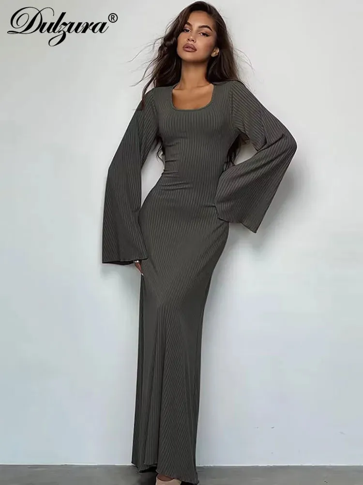 Solid Ribbed Trumpet Sleeves Maxi Dress For Women Back Lace-Up