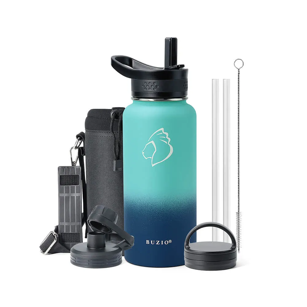 Stainless Steel Water Bottle with 3 Lids | 32oz | Caribbean Blue