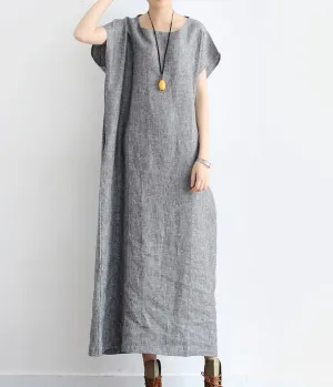 Summer Linen Women Loose Dresses Short Sleeves Long Dresses 05151