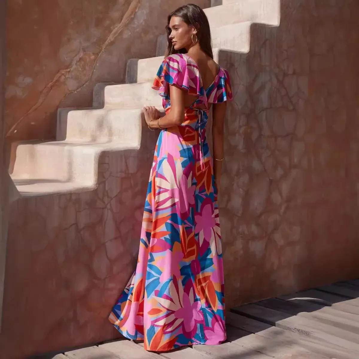 Summer Printed V-neck Ruffle-leaf Sleeve Maxi Dress