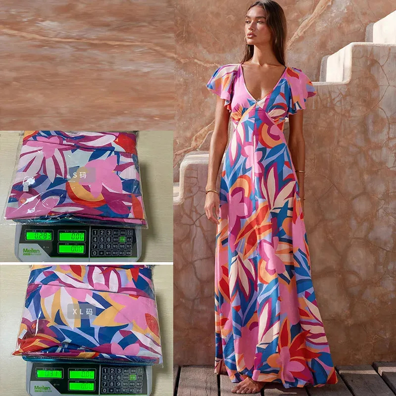 Summer Printed V-neck Ruffle-leaf Sleeve Maxi Dress