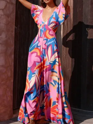 Summer Printed V-neck Ruffle-leaf Sleeve Maxi Dress