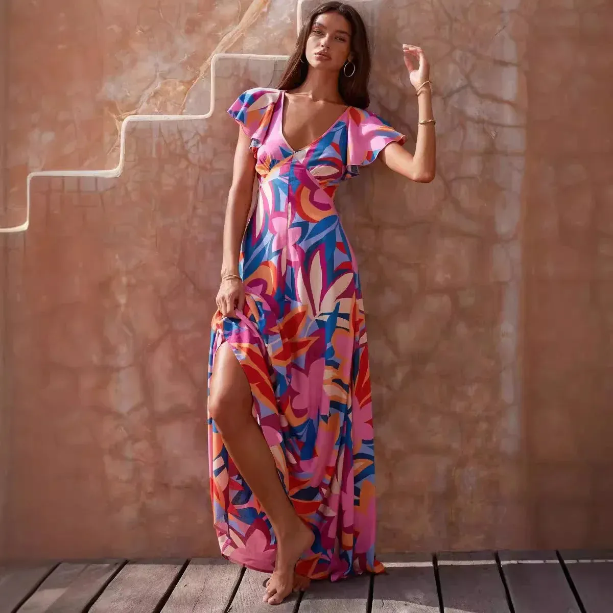 Summer Printed V-neck Ruffle-leaf Sleeve Maxi Dress