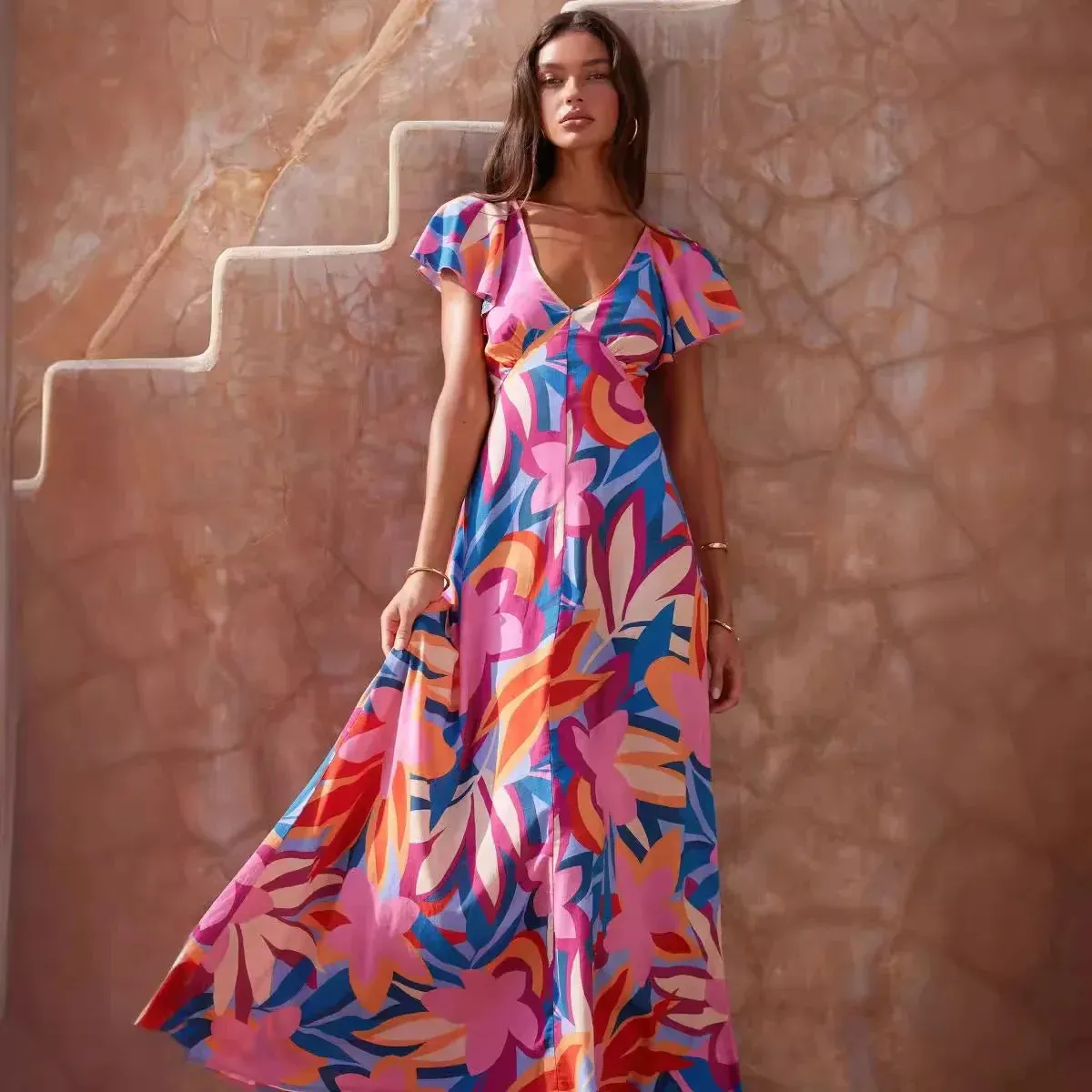 Summer Printed V-neck Ruffle-leaf Sleeve Maxi Dress