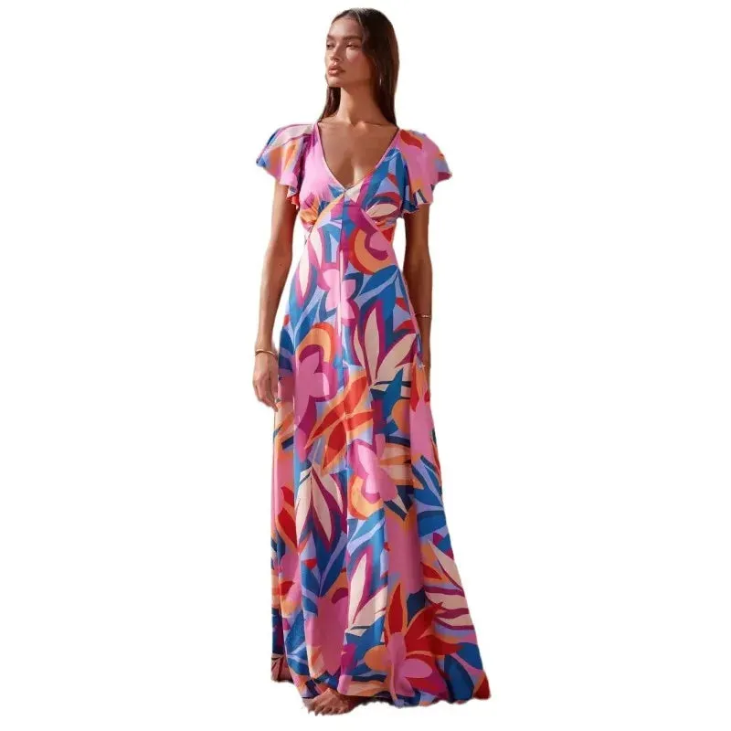 Summer Printed V-neck Ruffle-leaf Sleeve Maxi Dress