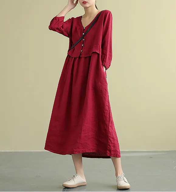 Summer  Spring 100%  Linen  Women loose Dresses DZA05196