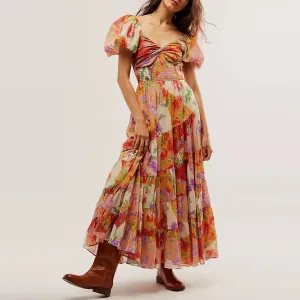 Sweetheart Neck Tunic Maxi Boho Dress with Floral Print