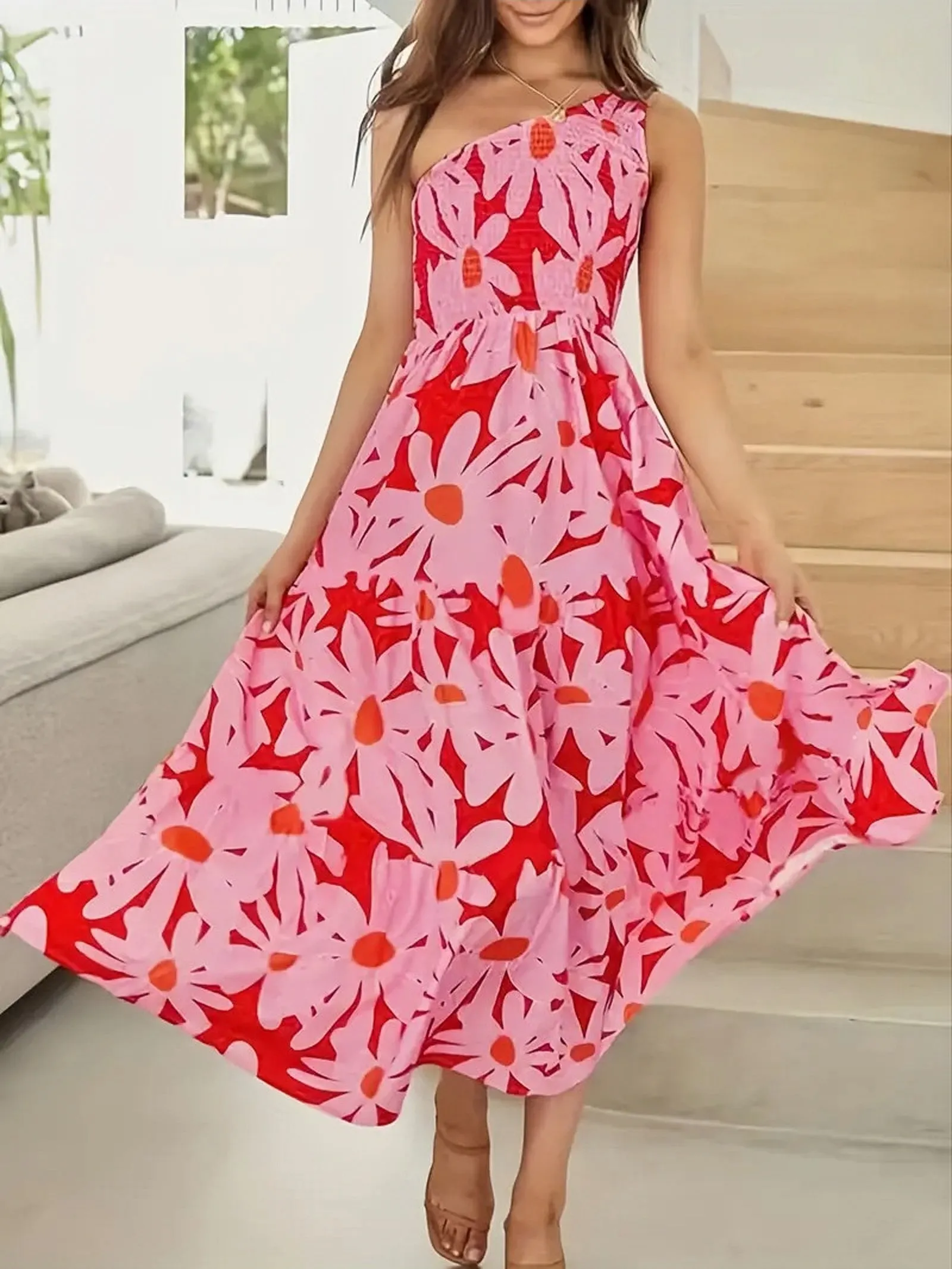 TastyHottie - Red Flower Print One Shoulder Ankle Length Maxi Dress