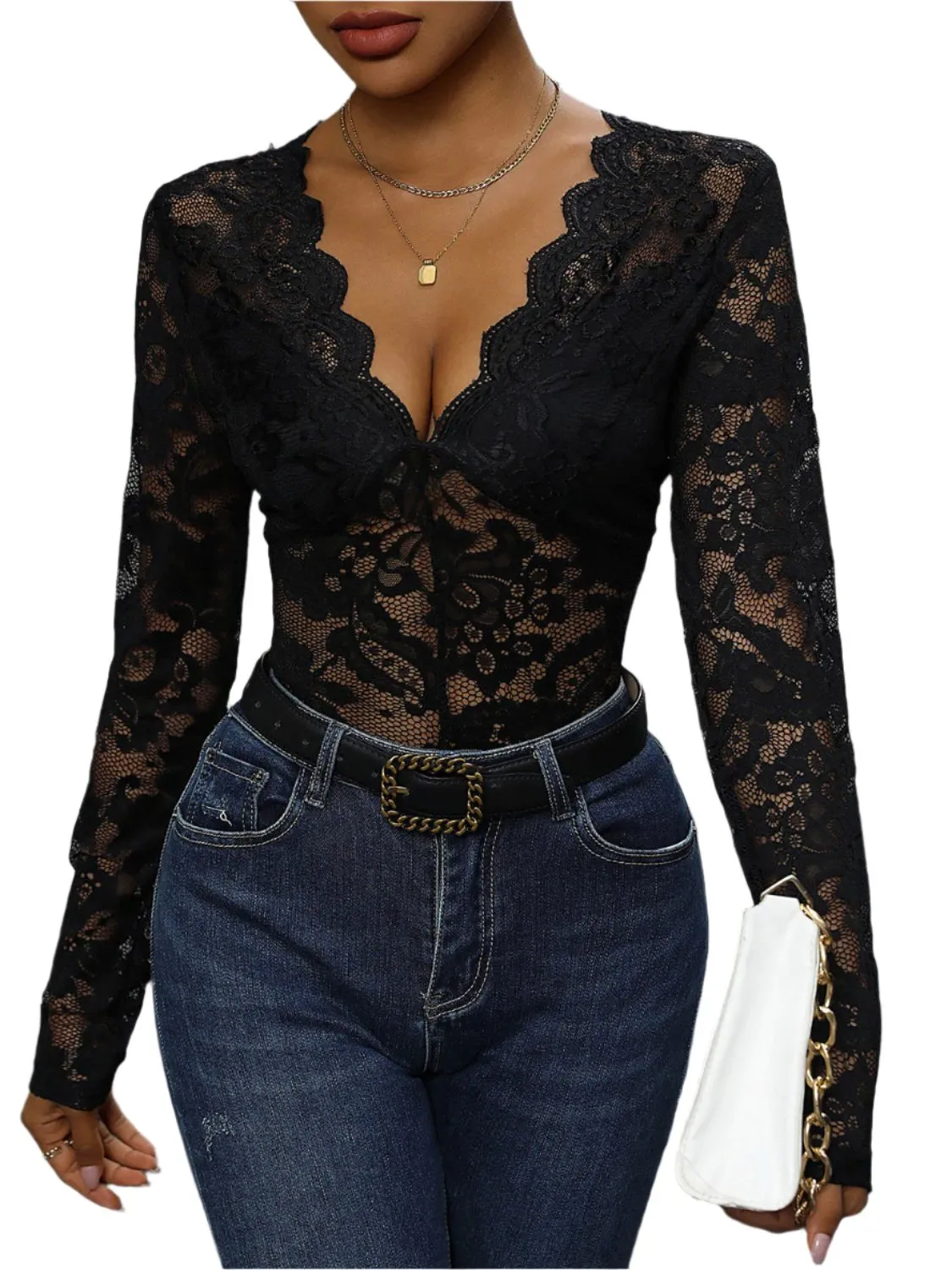 TEEK - Lace Plunge Long Sleeve Bodysuit