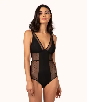 The Dot Mesh Plunge Bodysuit: Jet Black