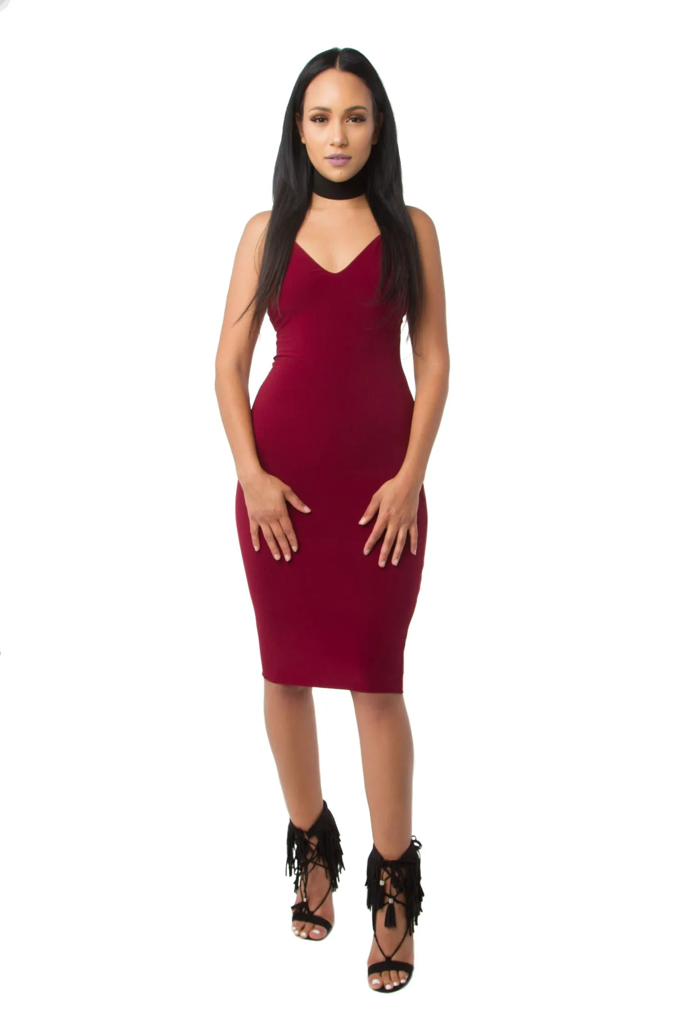 THE MYSTYLEMODE BURGUNDY V NECK LOW BACK DOUBLE LINED ESSENTIAL MIDI DRESS