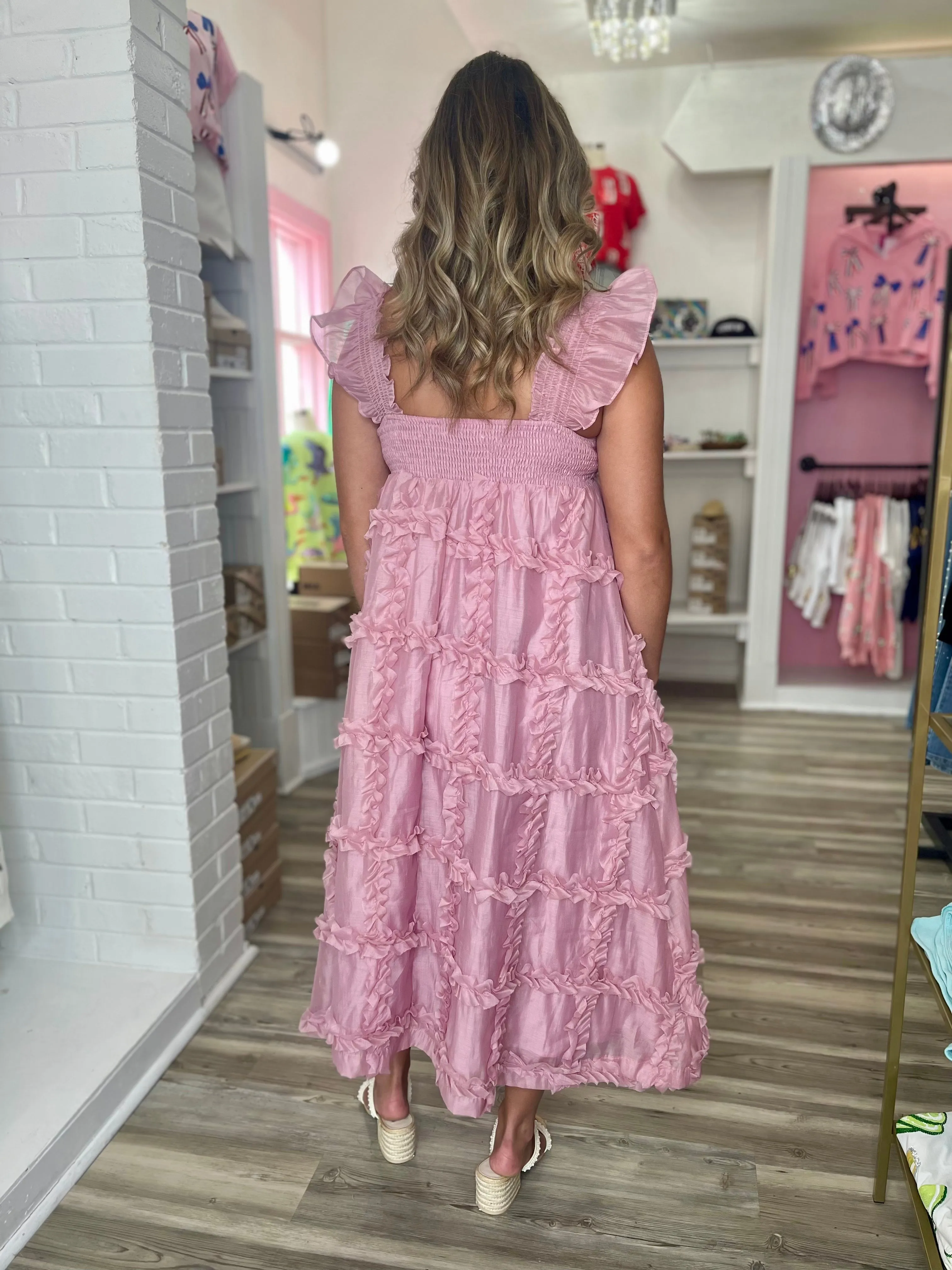 Tinlee Flutter Ruffle Babydoll Midi Dress Mauve Pink