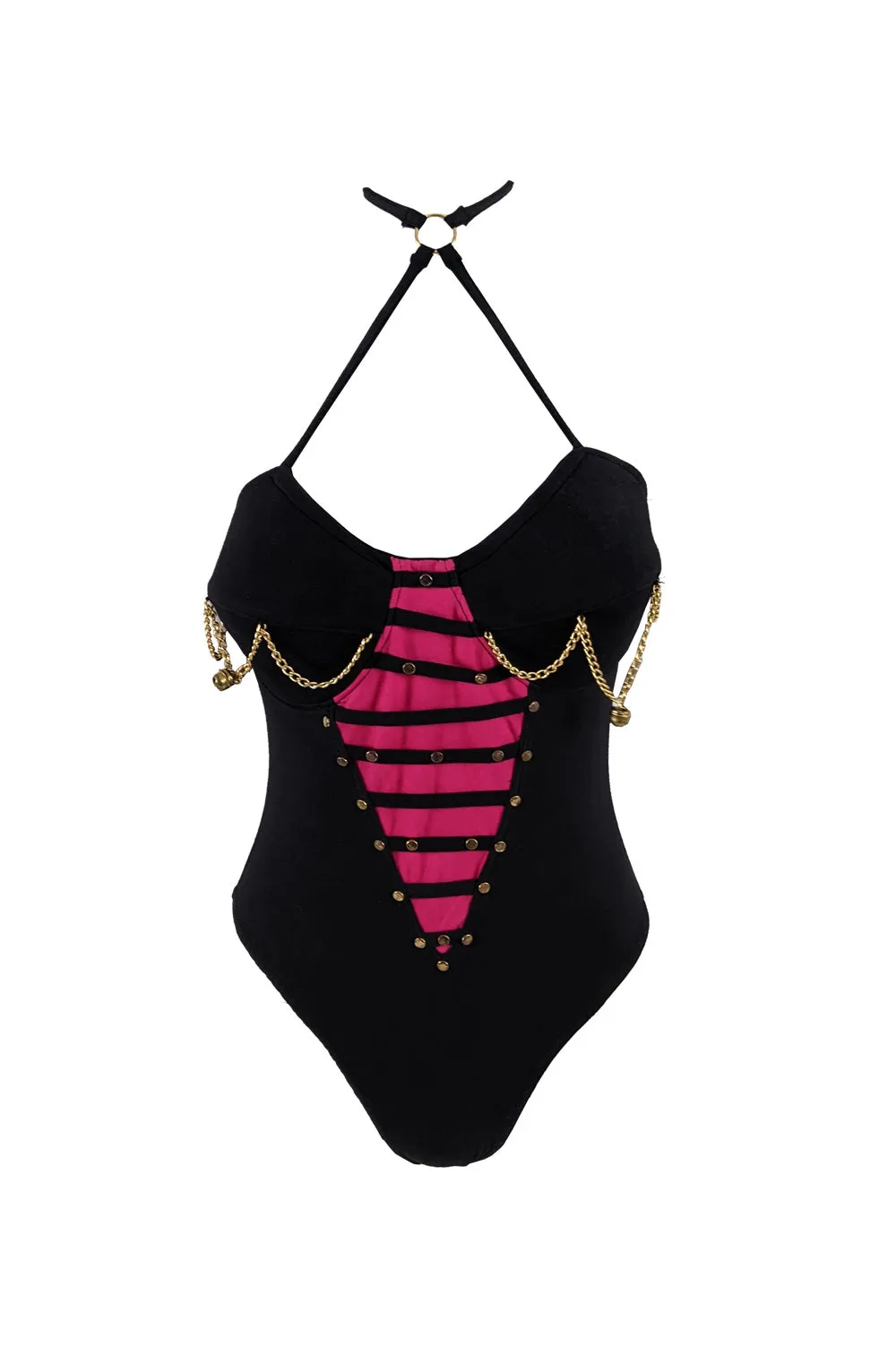 Tropical Climax Vintage Black & Pink Womens Chain Bodysuit, 1980s