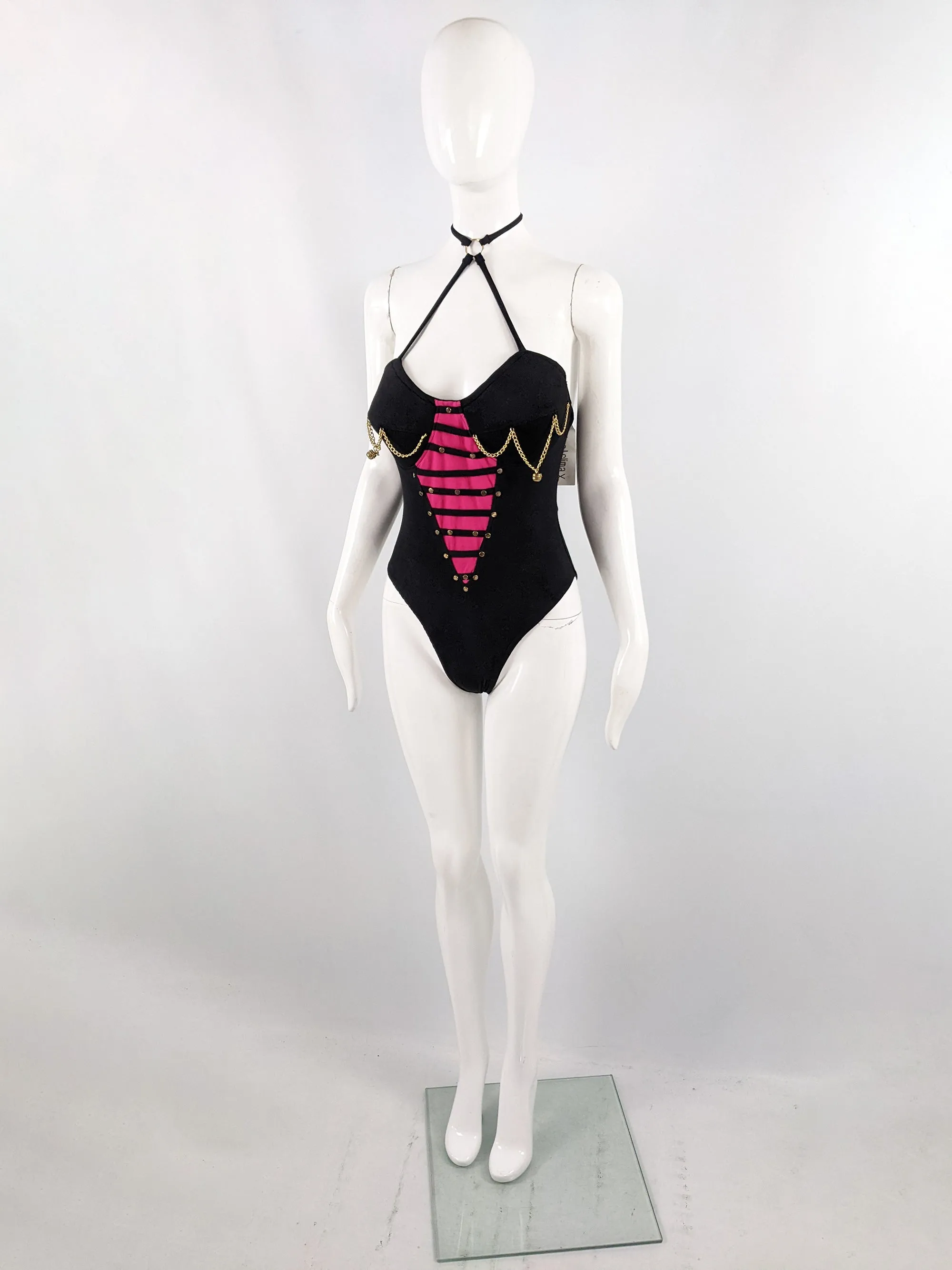 Tropical Climax Vintage Black & Pink Womens Chain Bodysuit, 1980s