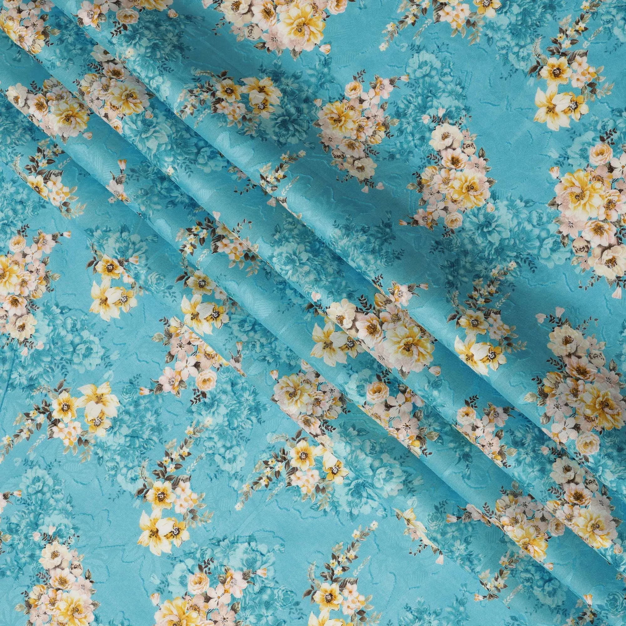 Turquoise Floral Cotton Uragiri Voile Fabric having Jacquard, 110 cm Width-D20566