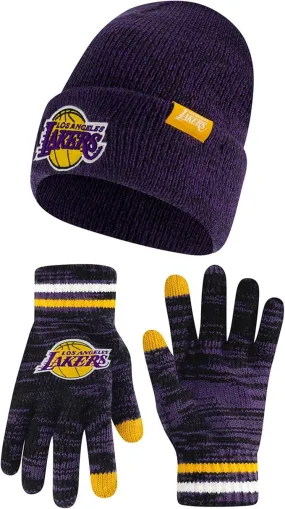 Ultra Game NBA Official Youth Super Soft Winter Beanie Knit Hat with Extra Warm Touch Screen Gloves, Los Angeles Lakers, Team Color|Los Angeles Lakers