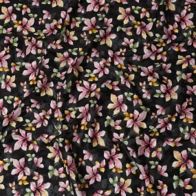 Uragiri Cotton Voile Fabric - Black with Vibrant Floral Print, 110 cm Wide, Japanese Craftsmanship-D17718