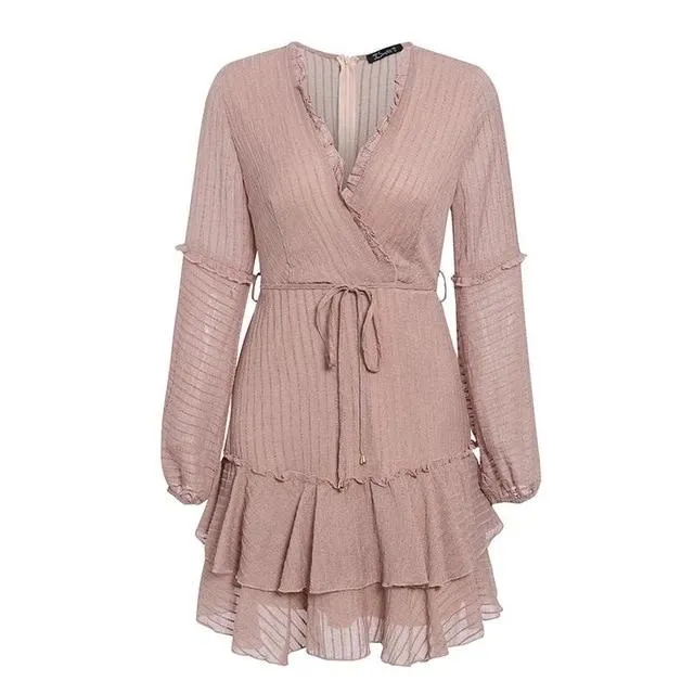 V-Neck Ruffled Lantern Chiffon Striped Chic Mini Wrap Dress