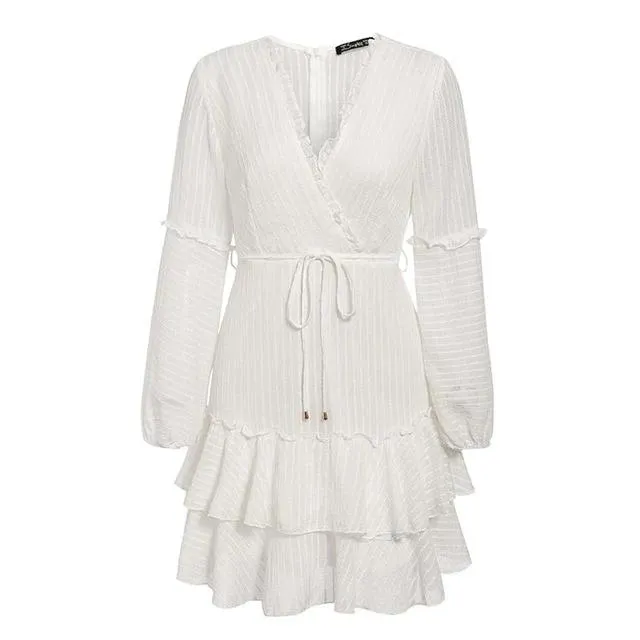 V-Neck Ruffled Lantern Chiffon Striped Chic Mini Wrap Dress