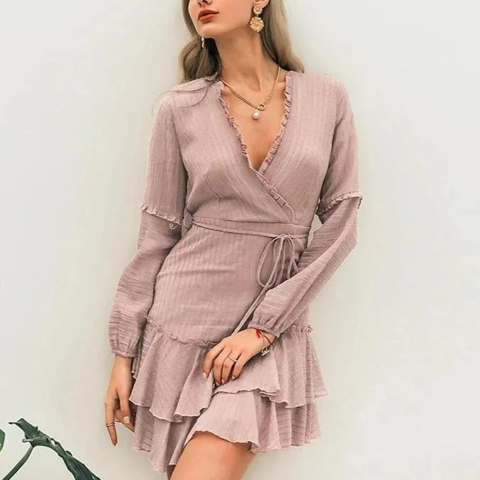 V-Neck Ruffled Lantern Chiffon Striped Chic Mini Wrap Dress