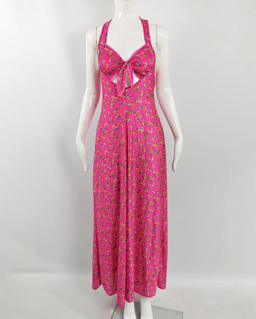 Van Allan Vintage Womens Pink Halter Neck Maxi Dress, 1970s