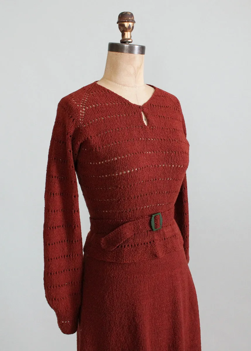 Vintage 1930s Brown Knit Sweater and Skirt Dress Set