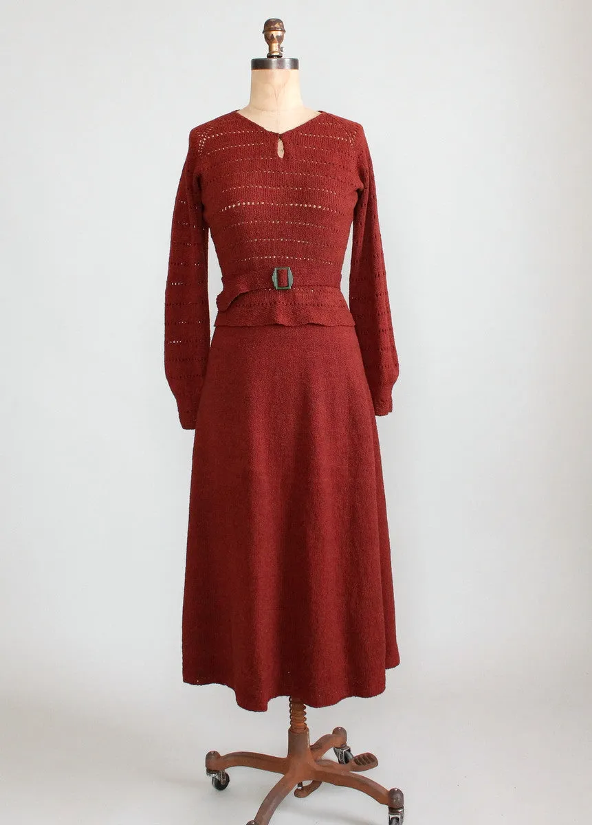 Vintage 1930s Brown Knit Sweater and Skirt Dress Set