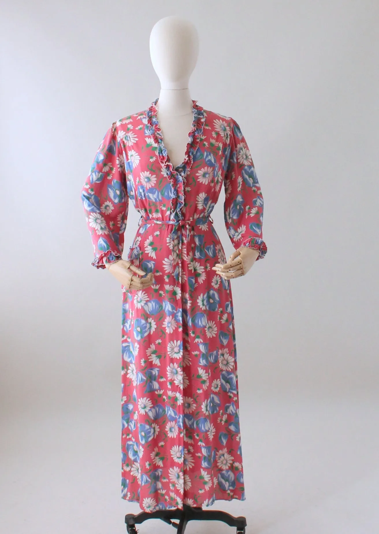 Vintage 1940s Pink Floral Rayon Dressing Gown or Maxi Dress