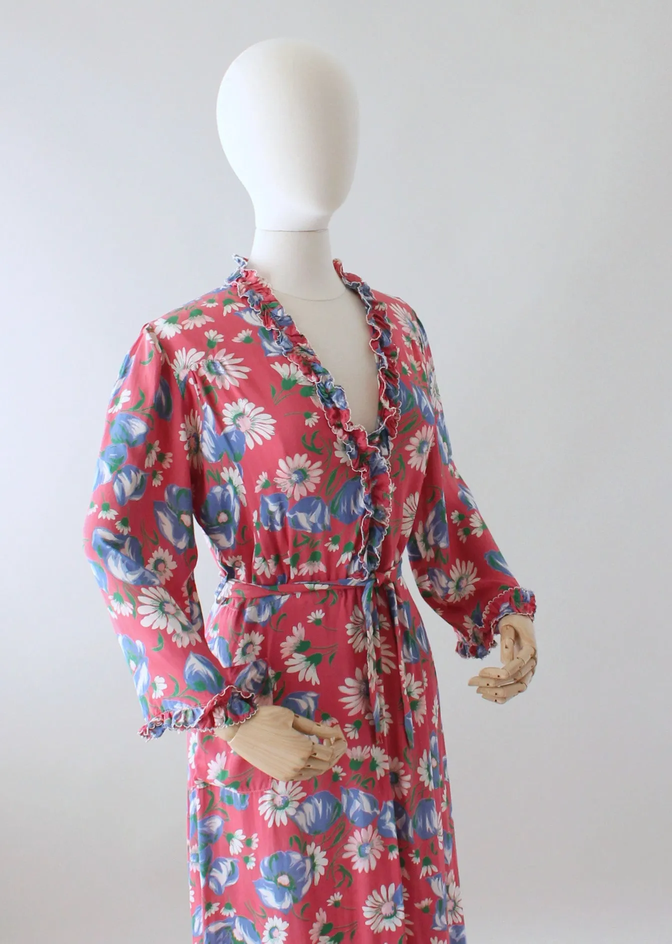 Vintage 1940s Pink Floral Rayon Dressing Gown or Maxi Dress