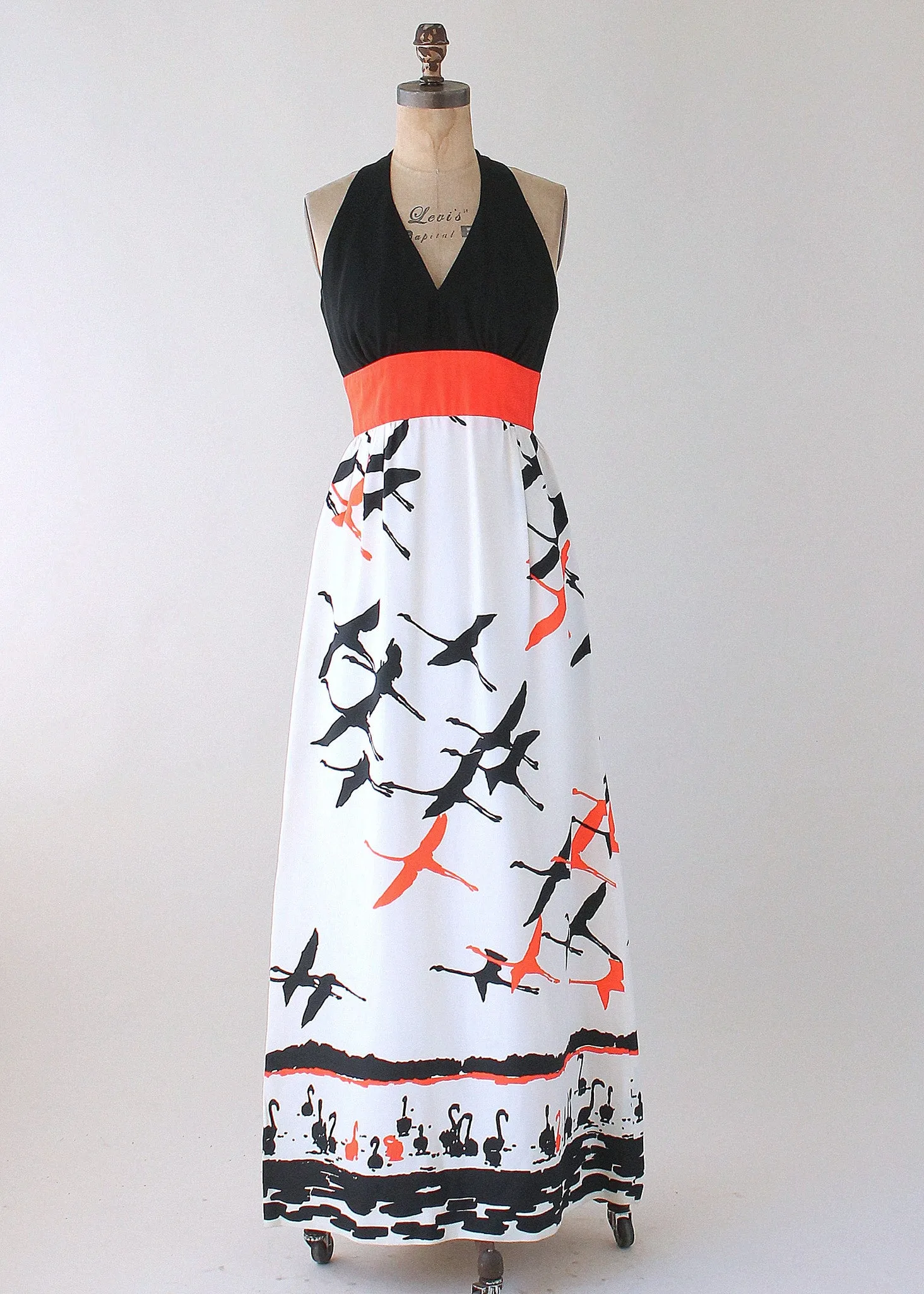 Vintage 1970s Flock of Birds Maxi Dress