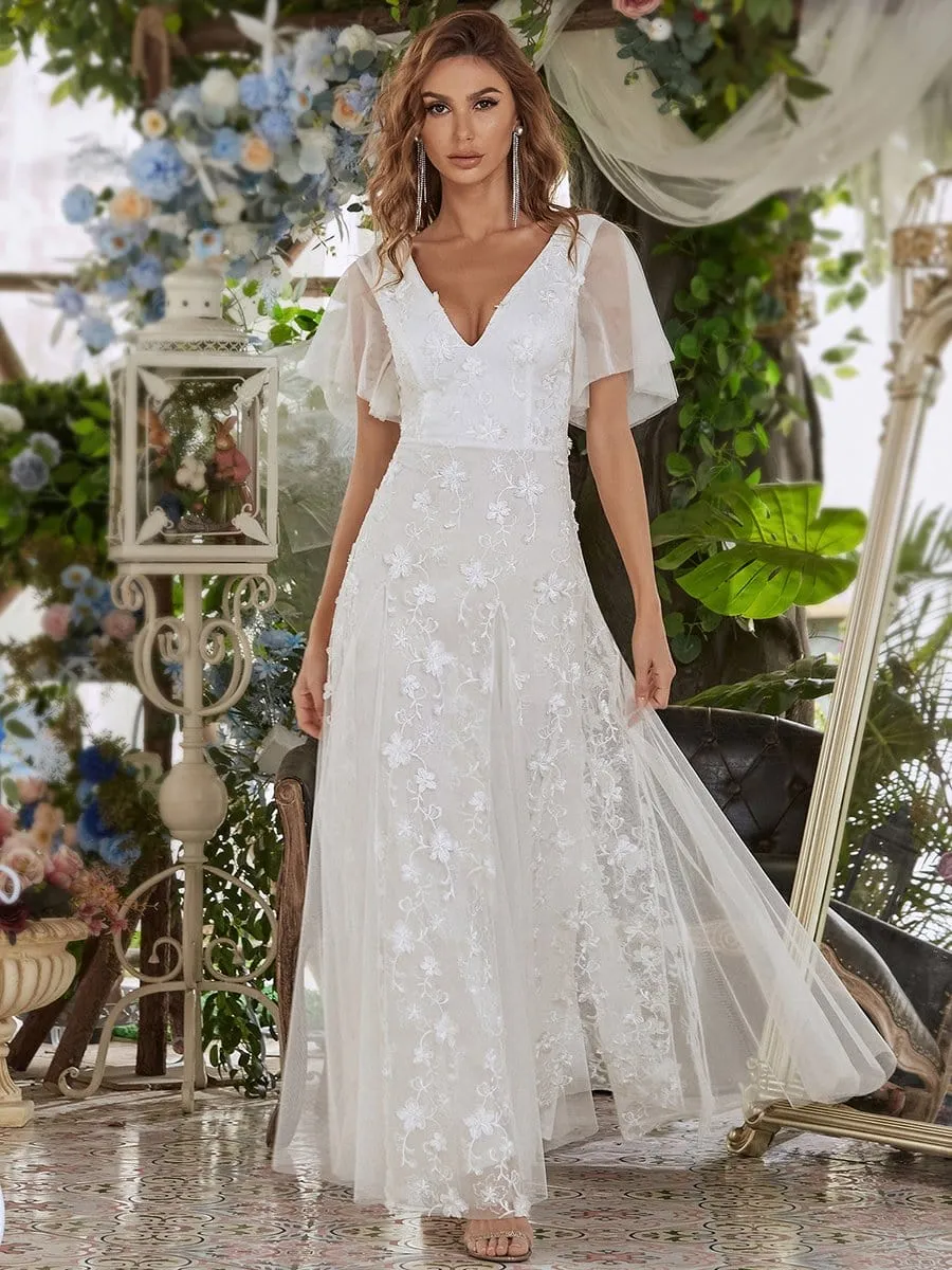 Vintage Floral Lace Print Wedding Dresses with Tulle Sleeve