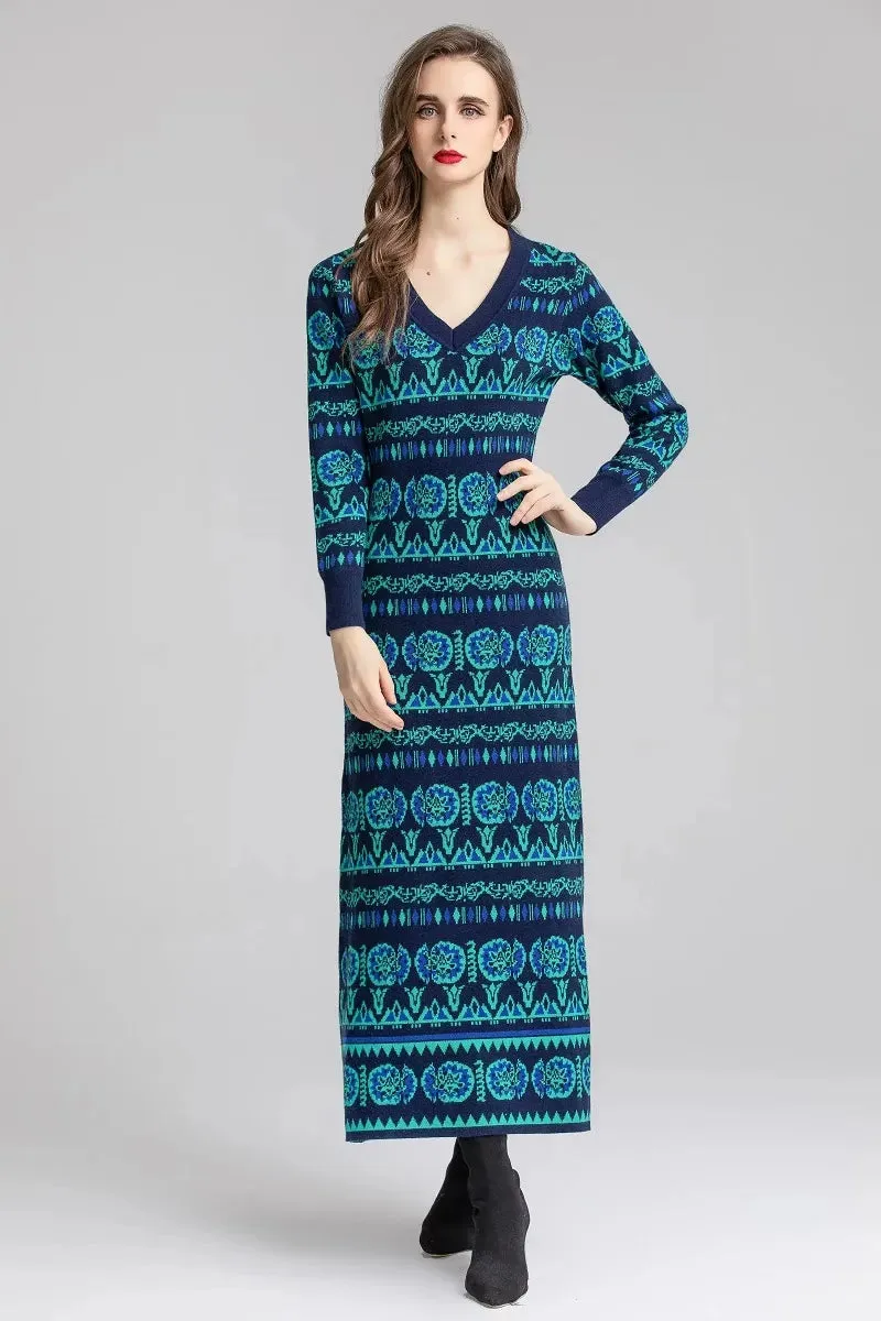 Vintage Geometric Pattern V-Neck Knitted Maxi Dress