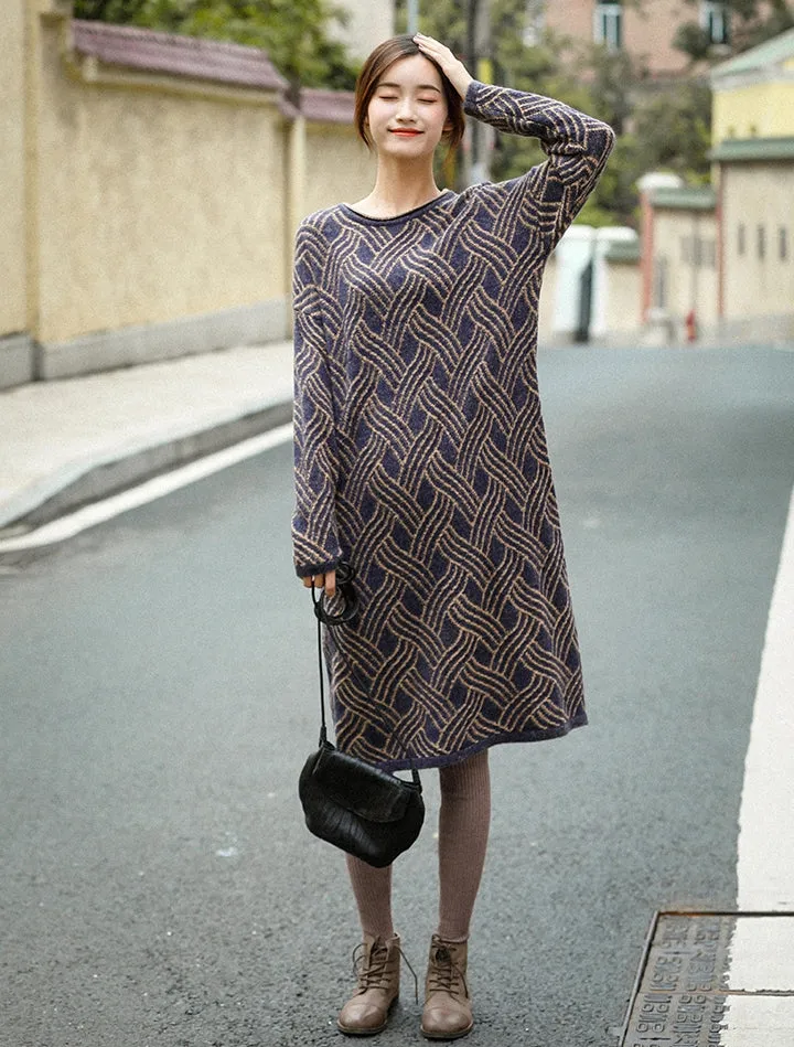 Vintage Loose Blue Sweater Dresses Women Causal Winter Clothes Q81056