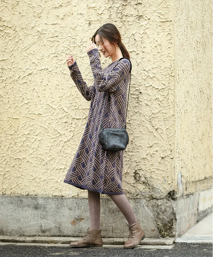 Vintage Loose Blue Sweater Dresses Women Causal Winter Clothes Q81056