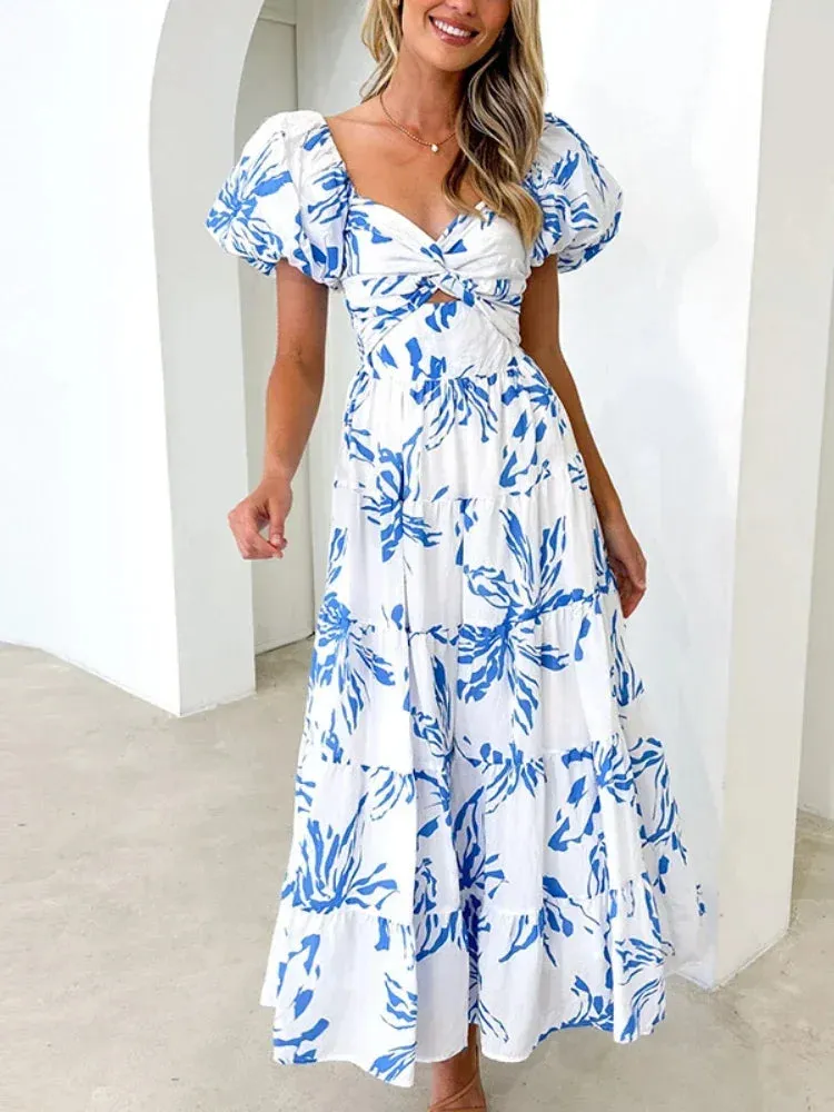 Vintage Printed Hollow Puff Sleeve Maxi Dress