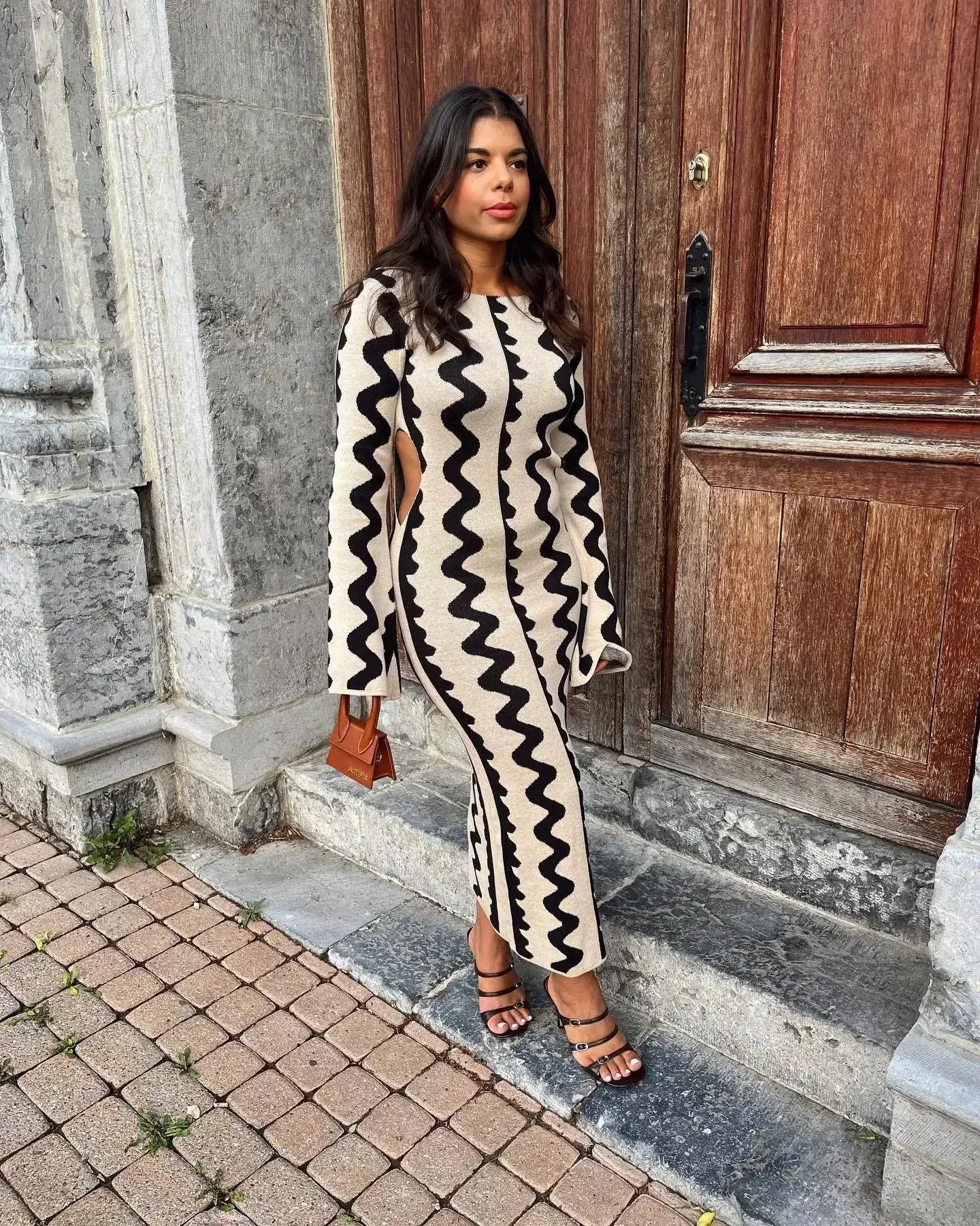 Vintage Ripple Knitted Maxi Dress with Long Sleeves