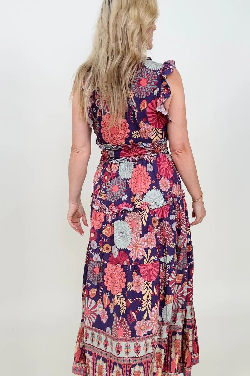 Vintage Ruffle Trim Floral Maxi Dress