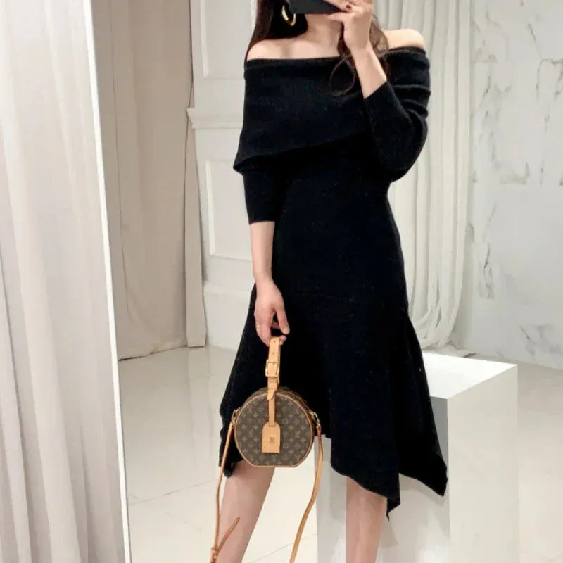 Vintage Sexy Slash Neck Long Sleeve Ruffle Hem Long Sweater Dress Women Slim Waist Irregular Elastic Knitted Dresses Winter