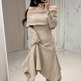 Vintage Sexy Slash Neck Long Sleeve Ruffle Hem Long Sweater Dress Women Slim Waist Irregular Elastic Knitted Dresses Winter