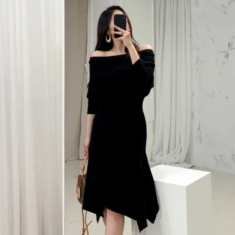 Vintage Sexy Slash Neck Long Sleeve Ruffle Hem Long Sweater Dress Women Slim Waist Irregular Elastic Knitted Dresses Winter