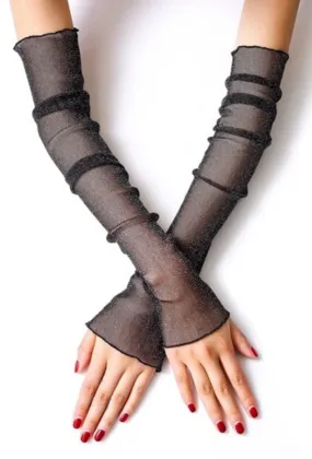 Vintage Style Sheer Glitter Nylon Mesh Fingerless Opera Evening Glove - Black