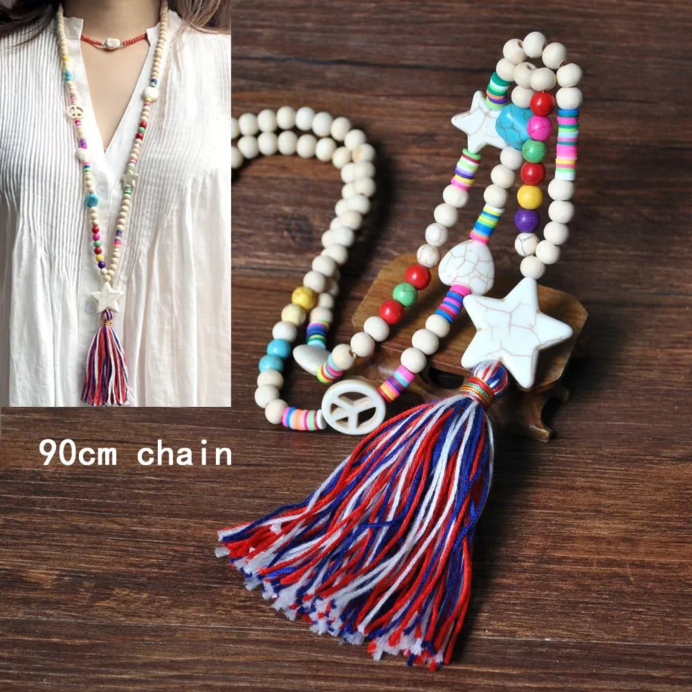 Vintage Yoga Mala Wood Beads Statement Bohemian Tassel Star Heart Butterfly Boho Long Necklace